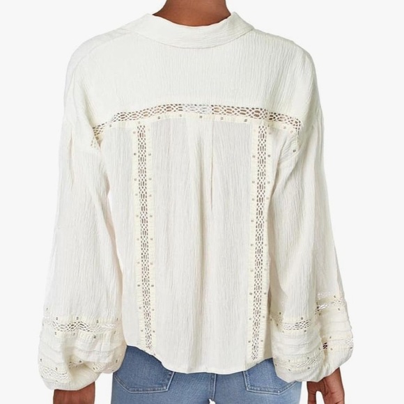 Free People Summer Stars White Cream Button Down Long Billowy Sleeve Size Medium - Picture 4 of 11
